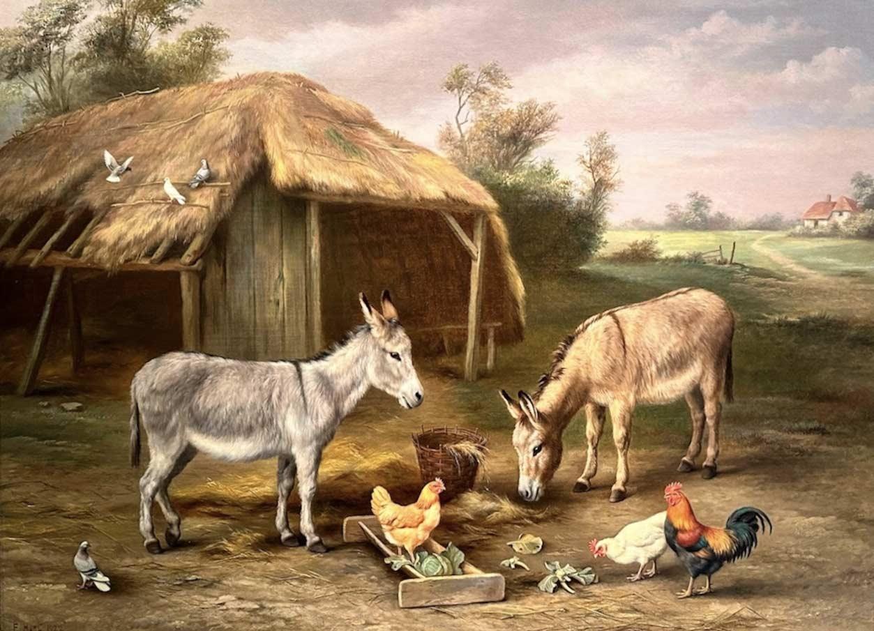 Edgar Hunt | Donkeys & Chickens In Farmyard